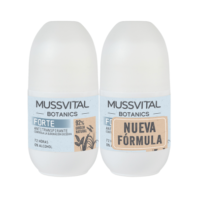Dois desodorizantes roll-on Mussvital Botanics com rótulos azuis