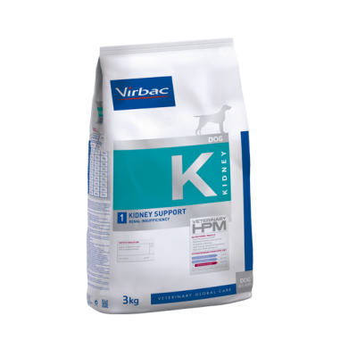 Pacote de ração Virbac Kidney Support para cão 3 kg, branco e azul, com ícone de cão.