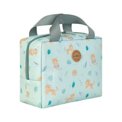 Mala azul claro com padrão de leopardos e folhas e pegas cinzentas