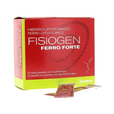 Embalagem do suplemento Fisiogen Ferro Forte com cores vermelho e verde