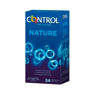 Embalagem de preservativos Control Nature azul com círculos luminescentes