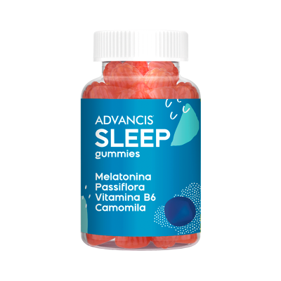 Frasco de suplementos Advancis Sleep gummies com rótulo azul