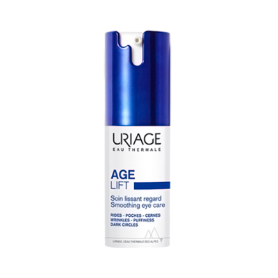 Frasco de loção Uriage Age Lift com tampa azul e corpo branco