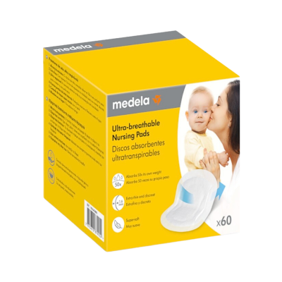 Caixa amarela de discos absorventes ultratranspiráveis para amamentação Medela com imagem de mãe e bebé