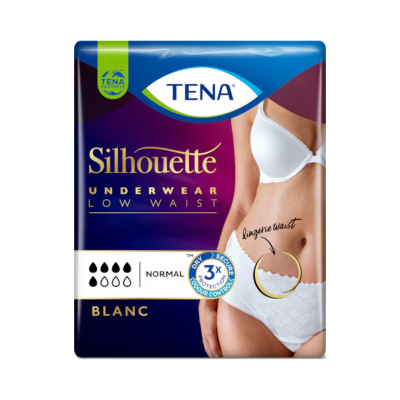 Pacote de roupa interior absorvente TENA Silhouette Low Waist Branco com mulher a usar roupa interior branca