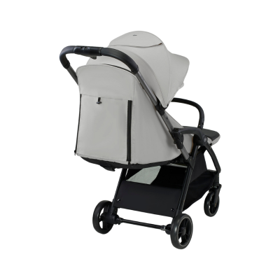 Carrinho de bebé cinzento claro com estrutura e rodas pretas