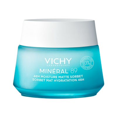 Frasco azul de creme de pele Vichy Minéral 89 com tampa branca