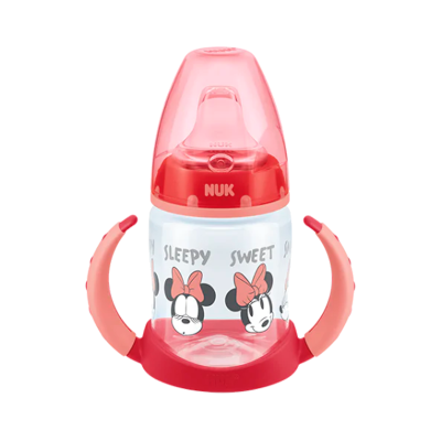 Biberão para bebé cor-de-rosa com imagens da Minnie Mouse e texto Sleepy Sweet.