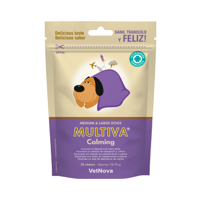 Embalagem creme e violeta de calmantes para cães MULTIVA com ilustração de cão e selo veterinário