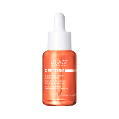 Frasco de sérum anti-manchas Uriage Dépiderm cor de laranja com conta-gotas branco