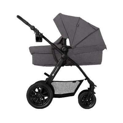 Carrinho de bebé cinzento com estrutura preta e três rodas