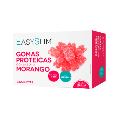 Caixa de gomas proteicas EasySlim sabor morango com destaque para baixo teor em açúcar e alto teor em fibra