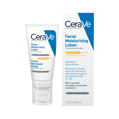 Embalagem e tubo de loção facial hidratante CeraVe para pele normal a seca com proteção SPF 50