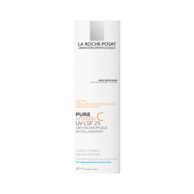 Embalagem do produto La Roche-Posay Pure Vitamin C UV LS 25 branca e prateada com texto
