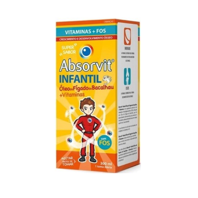 Embalagem de suplemento infantil Absorvit, amarelo e laranja, texto e figura de criança em fato vermelho.