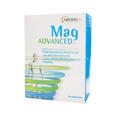 Embalagem do suplemento Mag Advanced da Natiris com texto em português e ilustração colorida