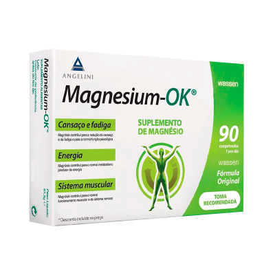 Caixa de suplemento Magnesium-OK com texto em português e design branco-verde