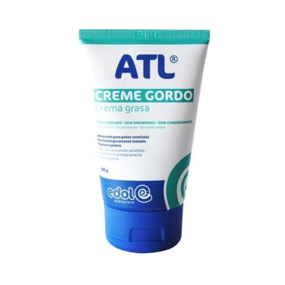 Tubo de creme gordo ATL em branco e azul com texto azul e verde