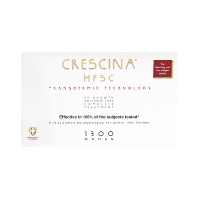 Embalagem branca de produto Crescina HFSC para tratamento capilar feminino