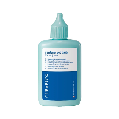 Frasco azul de gel para dentaduras Curaprox