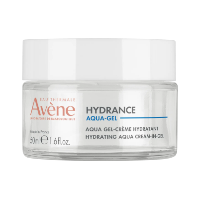 Frasco transparente de creme hidratante Avène Hydrance Aqua-Gel com tampa branca