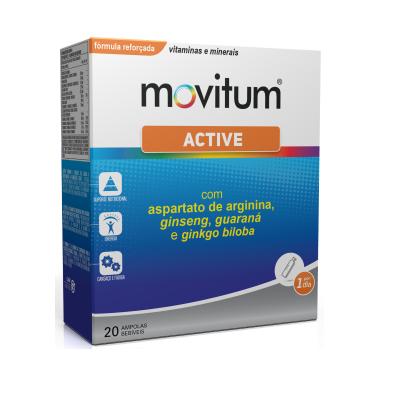 Embalagem de suplemento movitum ACTIVE com texto e cores azul, branco e laranja