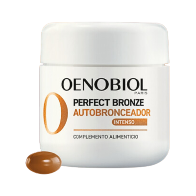 Frasco branco do produto OENOBIOL Perfect Bronze Autobronceador Intenso com cápsula marrom