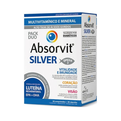 Embalagem do suplemento multivitamínico e mineral Absorvit Silver para adultos com mais de 50 anos.
