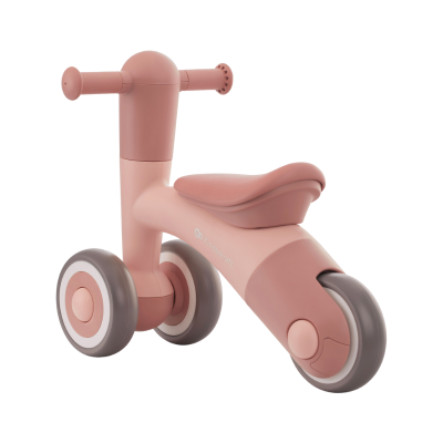 triciclo infantil cor-de-rosa com três rodas cinza e assento acolchoado