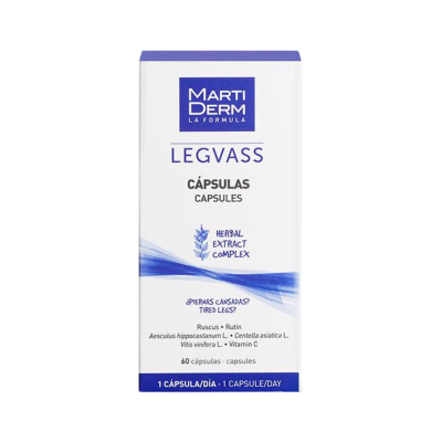 Caixa branca e azul de cápsulas Marti Derm Legvass para pernas cansadas