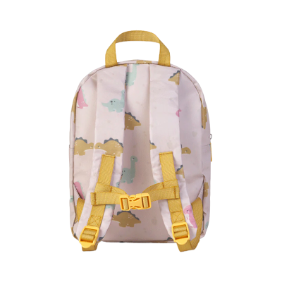 Mochila infantil com padrões de dinossauros e alças amarelas