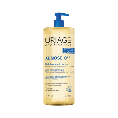 Frasco óleo de limpeza anti-prurido Uriage Xemose 1 litro com tampa azul