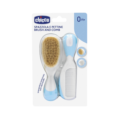 Escova e pente Chicco para bebé em embalagem de cartão branco