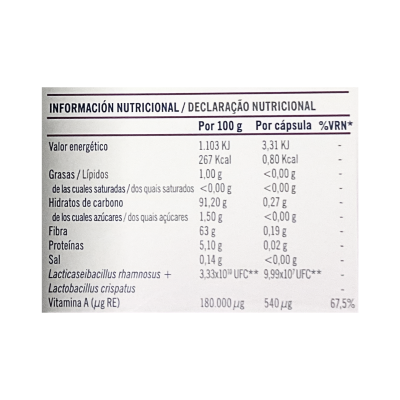 Etiqueta nutricional bilíngue com valores por 100g e por cápsula em fundo branco