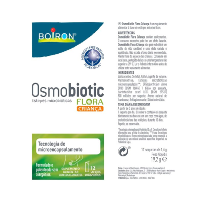 Embalagem do suplemento OsmoBiotic Flora Criança da Boiron com informações detalhadas e 12 saquetas orodispersíveis.