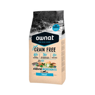 Embalagem de ração para cães Ownat Just Grain Free sabor truta