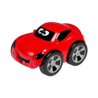 Carro de brinquedo vermelho com olhos e boca sorridente