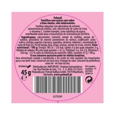 Rótulo cor-de-rosa de pastilhas Pulmoll sabor lima-menta com texto e código de barras.
