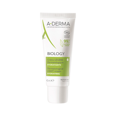 Tubo branco de creme hidratante A-DERMA Biology com texto verde e preto