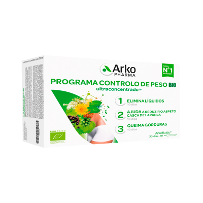 Embalagem branca e verde do produto Arko Pharma Programa Controlo de Peso Bio com imagem de plantas e corpo feminino.