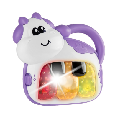 Brinquedo musical infantil em forma de vaca com teclas coloridas.