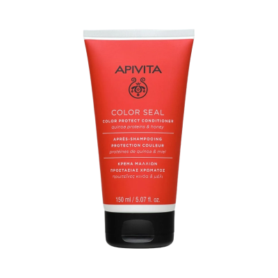 Tubo vermelho de condicionador Apivita Color Seal com tampa preta e texto multilingue