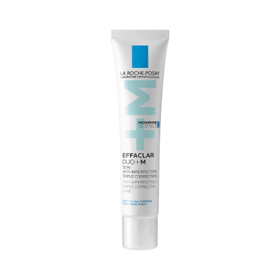 Bisnaga branca de creme Effaclar Duo+M da La Roche-Posay com texto azul e preto