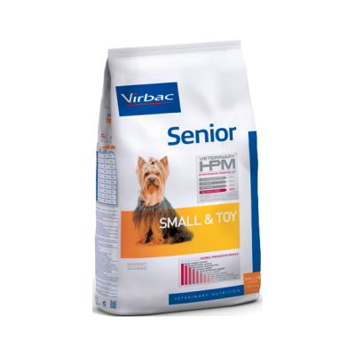 Saco de ração Virbac Senior para cães pequenos e toy com imagem de cão Yorkshire Terrier.