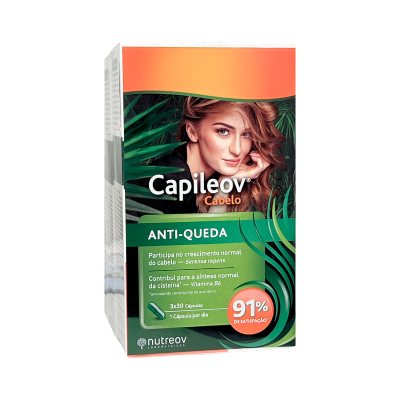 Caixa de cápsulas anti-queda Capileov para cabelo, com texto e imagem de mulher loira.