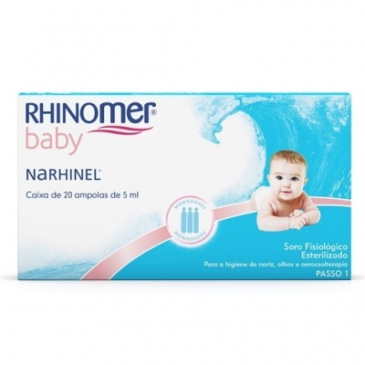 Embalagem do produto Rhinomer Baby Narhinel com imagem de bebé e texto em português.