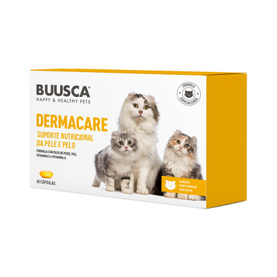 Suplemento BUUSCA Dermacare para gatos, embalagem com três gatos e texto nutricional