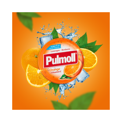 Embalagem laranja de pastilhas Pulmoll com laranjas, folhas verdes e cubos de gelo em fundo laranja