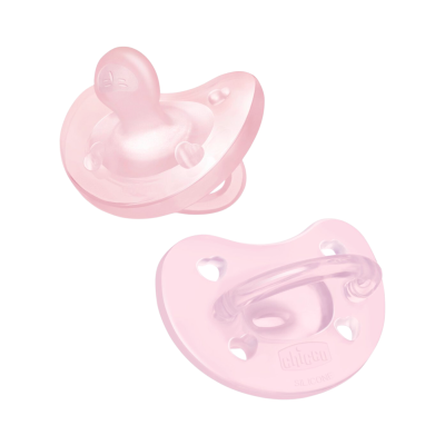 Chupeta rosa translúcida para bebé com corações recortados e texto Chicco Silicone