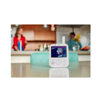 Monitor de bebé Philips Avent branco com ecrã a mostrar bebé a dormir